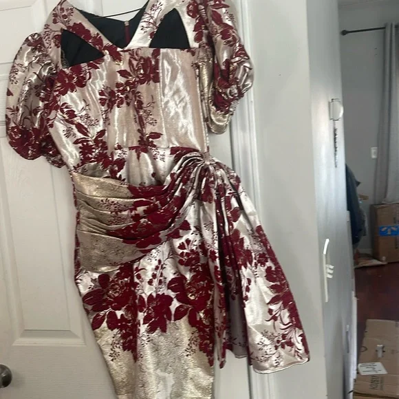 Dresses | Floral Puffed Sleeve Wrapped Jacquard Dress In Burgundy Gold  Floral Print | Poshmark